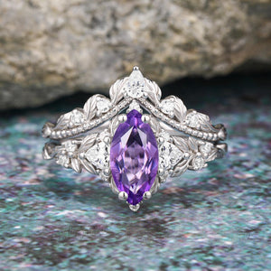 Marquise shape natural amethyst engagement ring Nature inspired leaf ring set - anerjuly
