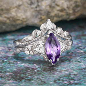 Marquise shape natural amethyst engagement ring Nature inspired leaf ring set - anerjuly