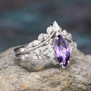 Marquise shape natural amethyst engagement ring Nature inspired leaf ring set - anerjuly