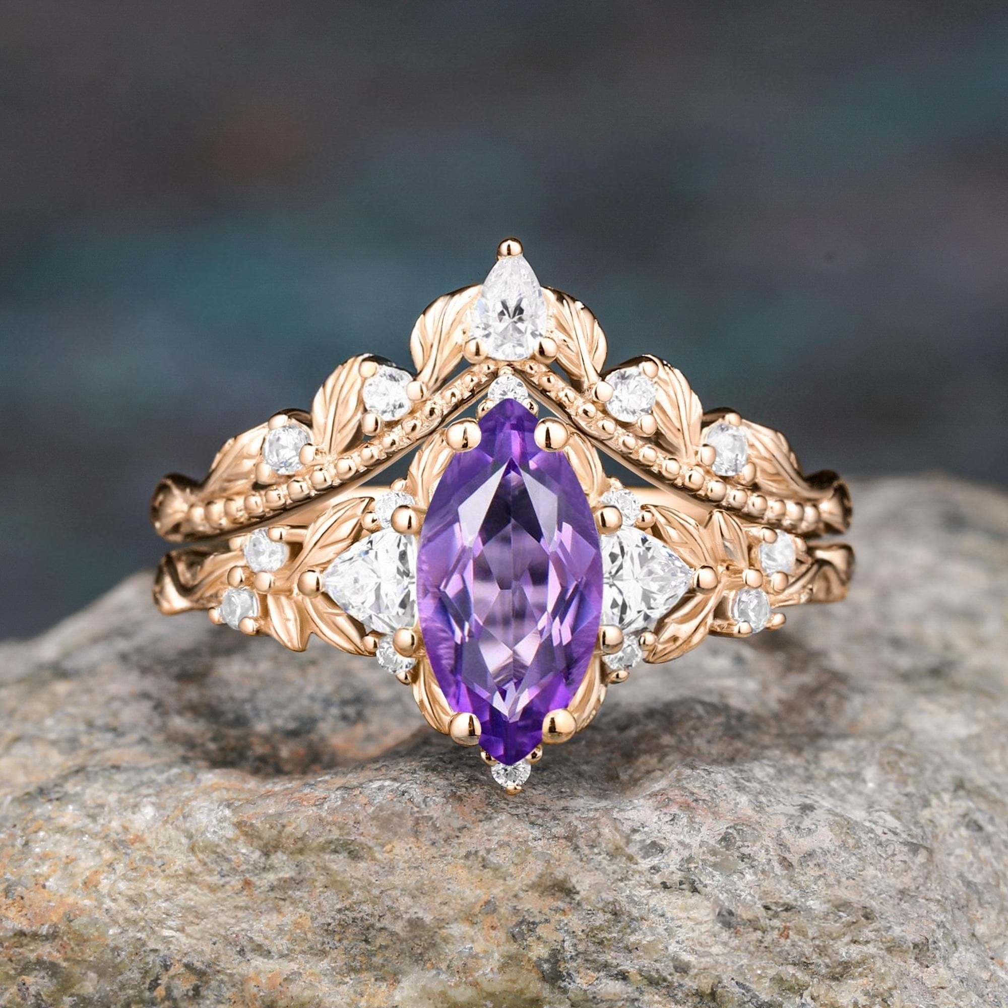 Marquise shape natural amethyst engagement ring Nature inspired leaf ring set - anerjuly