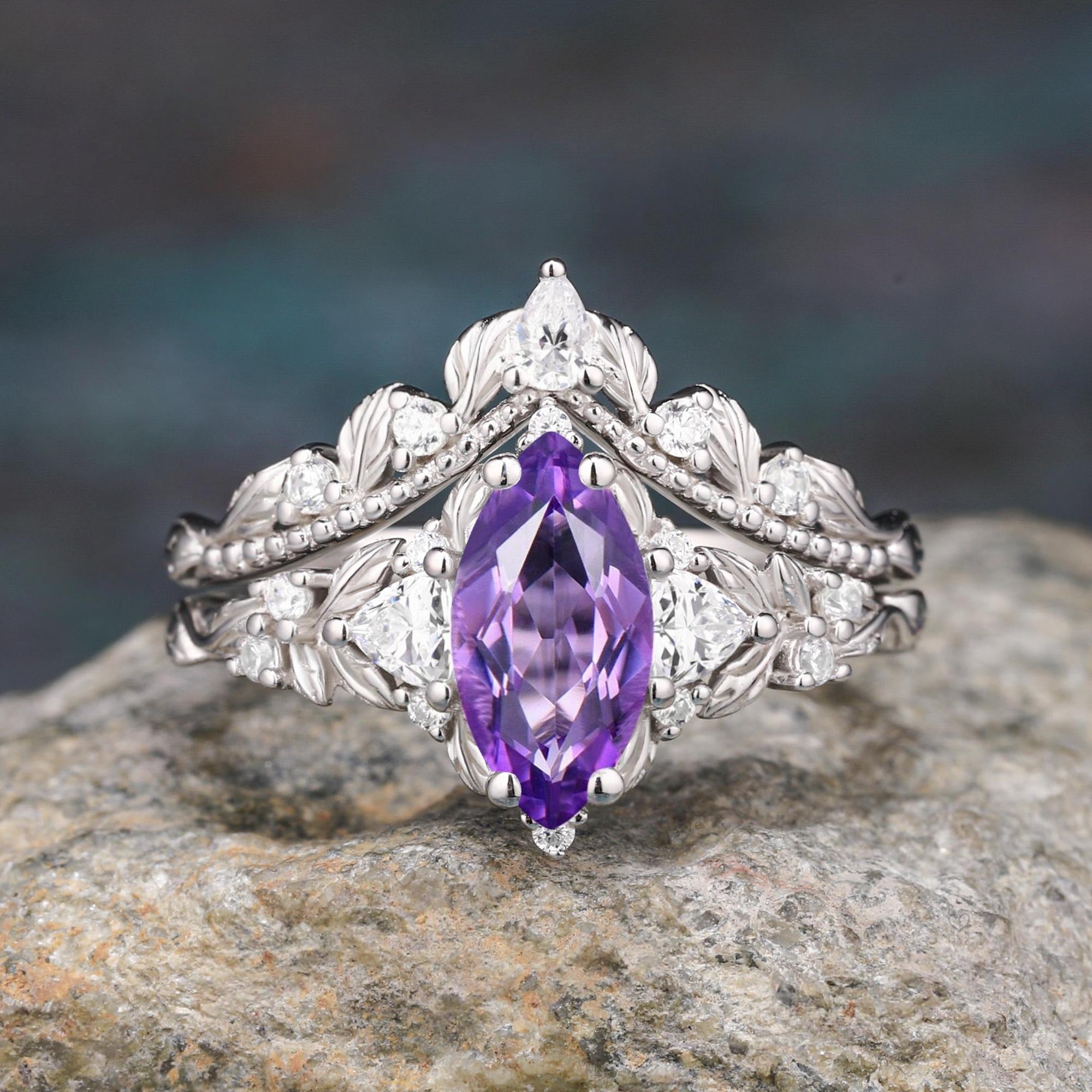 Marquise shape natural amethyst engagement ring Nature inspired leaf ring set - anerjuly