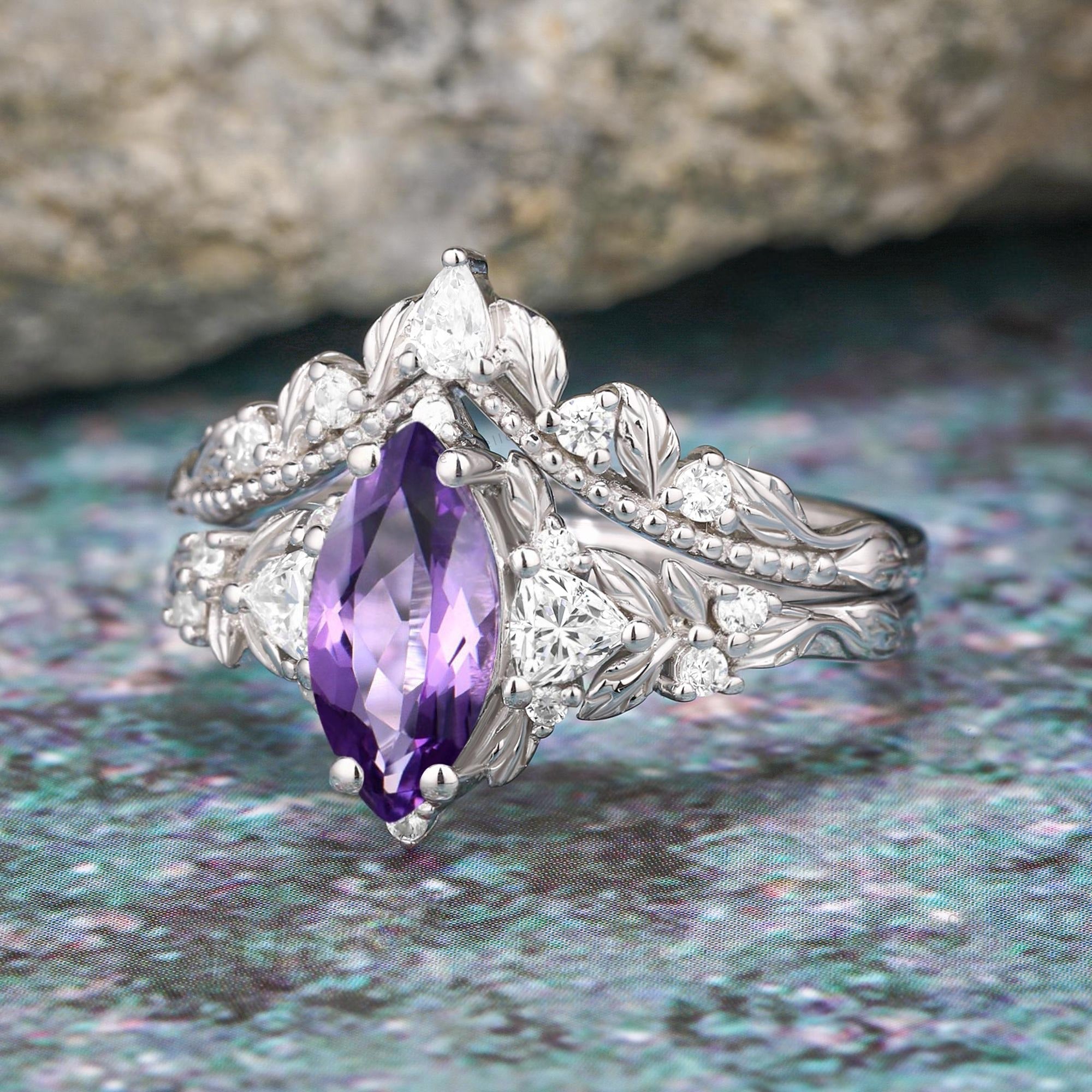 Marquise shape natural amethyst engagement ring Nature inspired leaf ring set - anerjuly