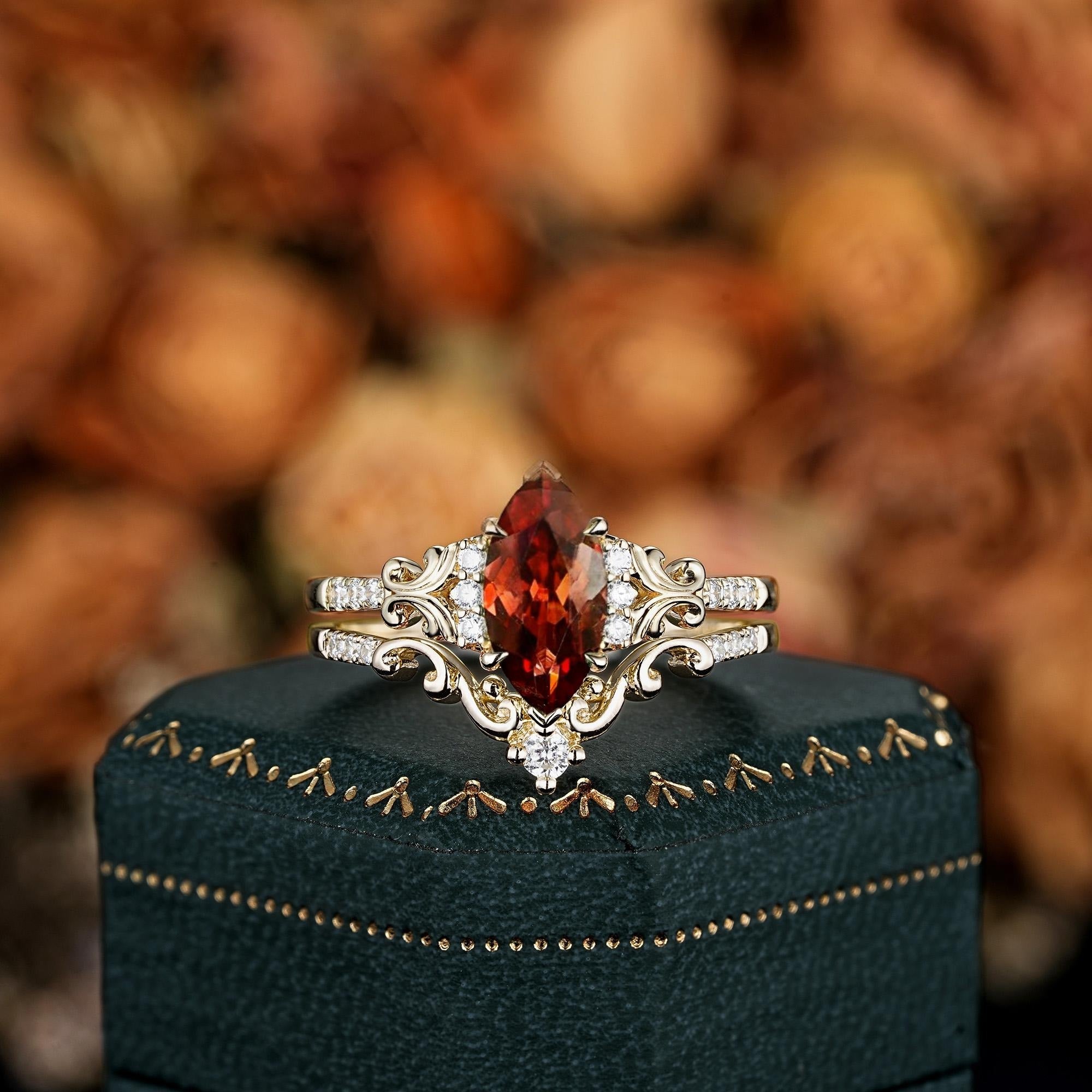 Marquise shape natural Filigree Garnet Ring Black Gold Couple Rings - anerjuly