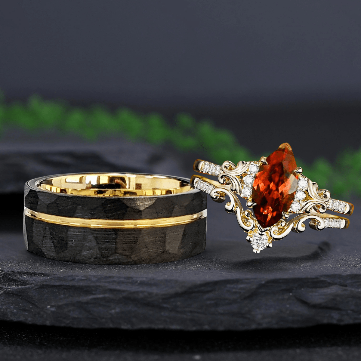 Marquise shape natural Filigree Garnet Ring Black Gold Couple Rings - anerjuly
