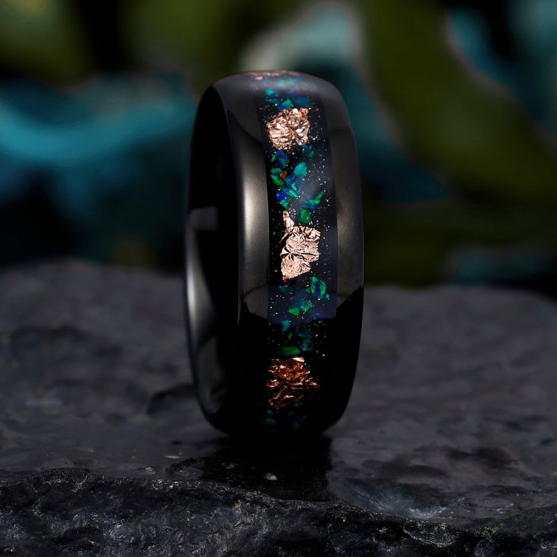 Men's 8mm Tungsten Promise Ring with Peacock Green Opal and Gold Foil Inlay – Anniversary Band with Unique Design - anerjuly