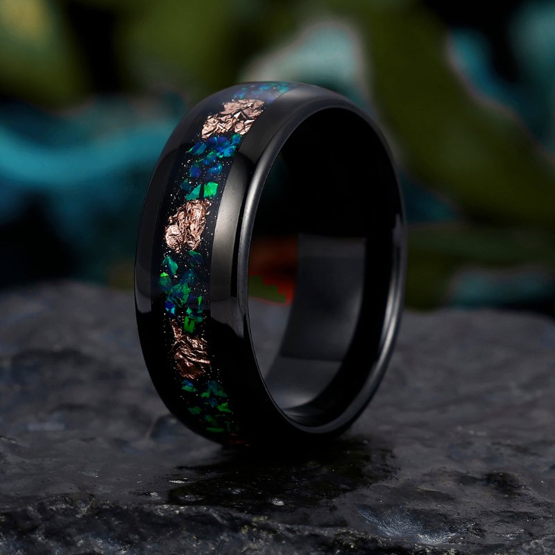 Men's 8mm Tungsten Promise Ring with Peacock Green Opal and Gold Foil Inlay – Anniversary Band with Unique Design - anerjuly