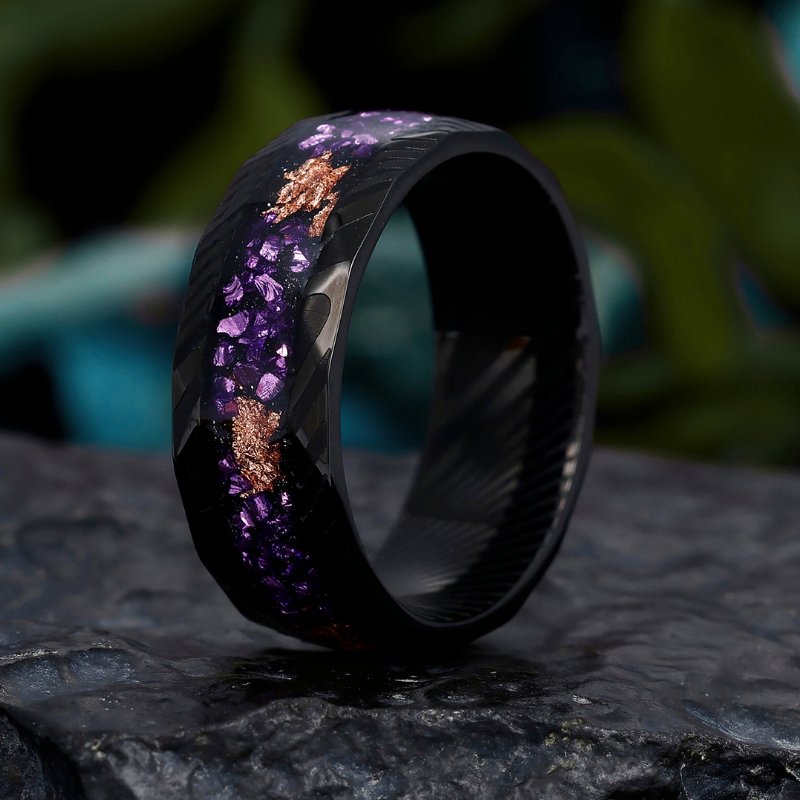 Men's Promise Ring in Hammered Damascus Steel Ring with Crushed Gold Foil and Amethyst Inlay, Perfect for a Birthday Gift - anerjuly