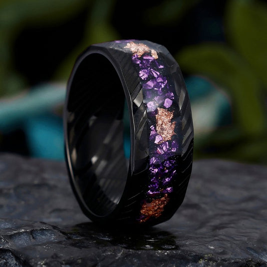 Men's Promise Ring in Hammered Damascus Steel Ring with Crushed Gold Foil and Amethyst Inlay, Perfect for a Birthday Gift - anerjuly