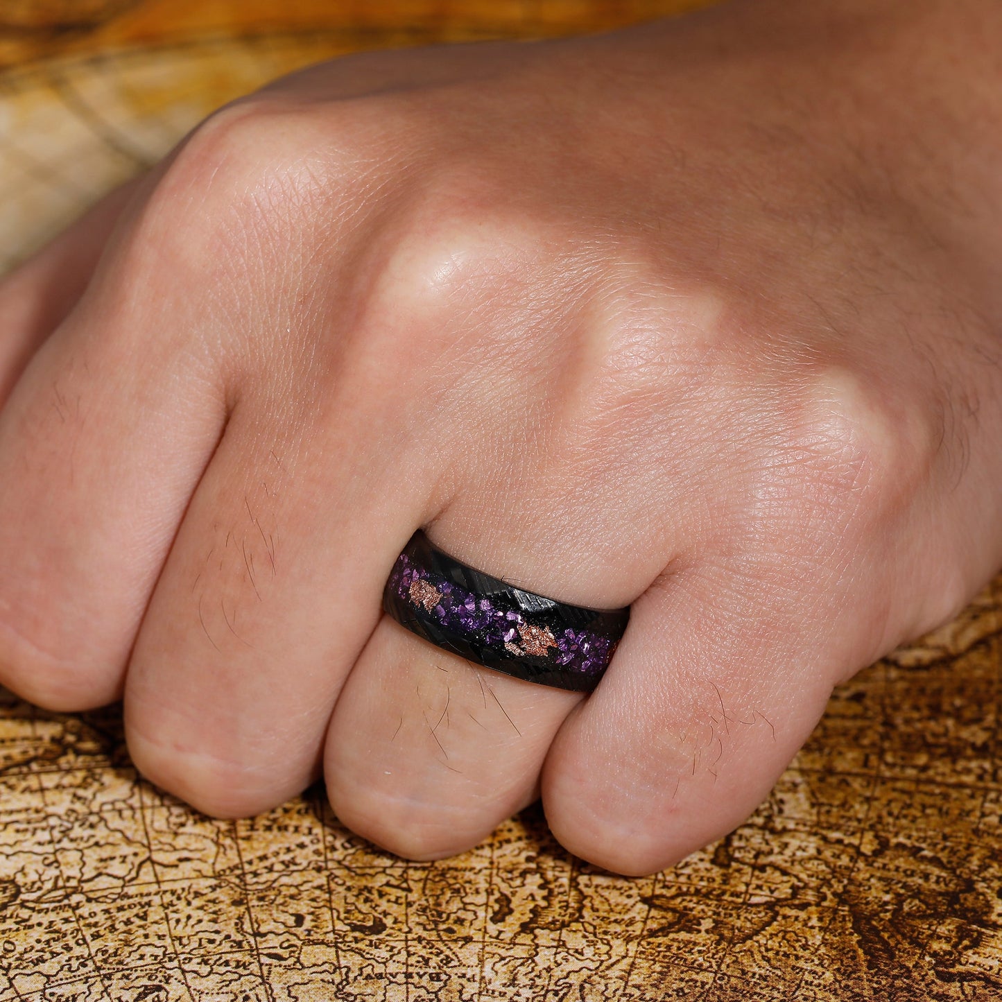 Men's Promise Ring in Hammered Damascus Steel Ring with Crushed Gold Foil and Amethyst Inlay, Perfect for a Birthday Gift - anerjuly