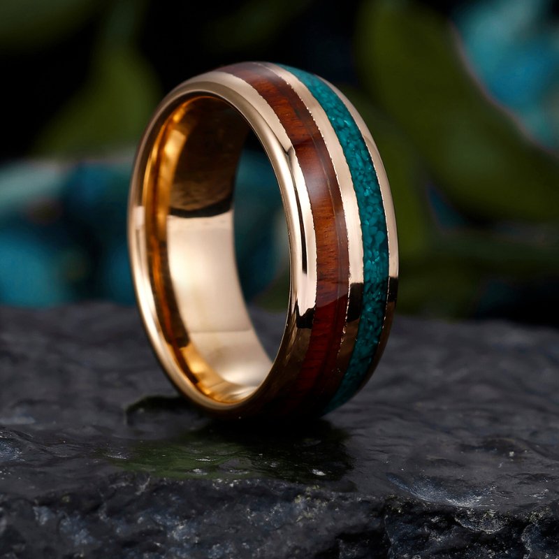 Men's Tungsten Ring with Polished Rose Gold Finish, Wood and Turquoise Inlay - 8mm Unique Wedding Band - anerjuly