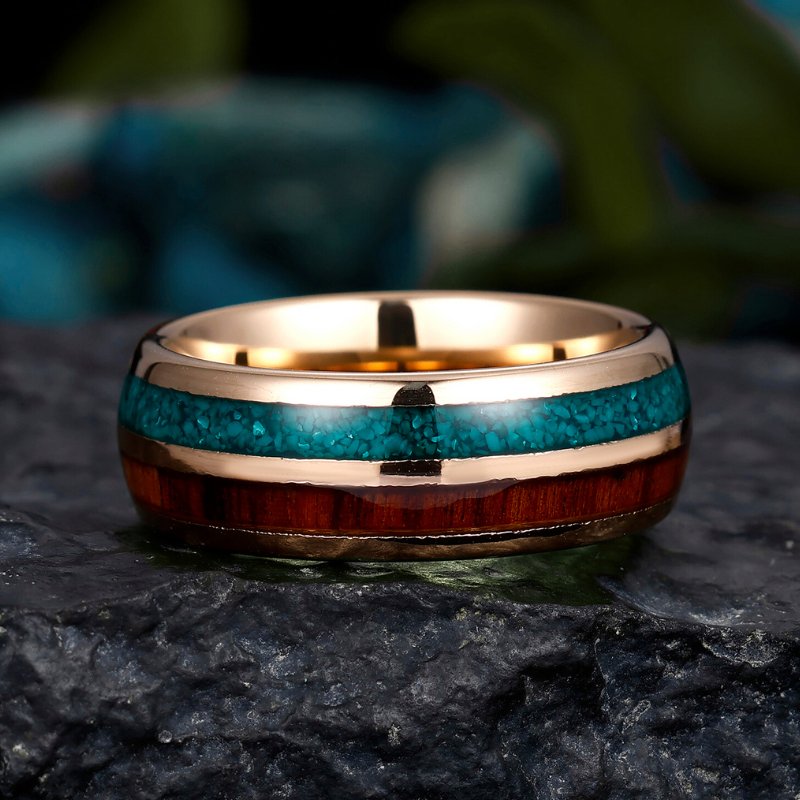 Men's Tungsten Ring with Polished Rose Gold Finish, Wood and Turquoise Inlay - 8mm Unique Wedding Band - anerjuly