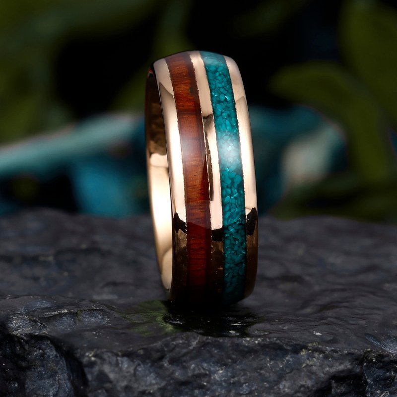 Men's Tungsten Ring with Polished Rose Gold Finish, Wood and Turquoise Inlay - 8mm Unique Wedding Band - anerjuly