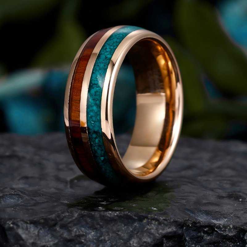 Men's Tungsten Ring with Polished Rose Gold Finish, Wood and Turquoise Inlay - 8mm Unique Wedding Band - anerjuly