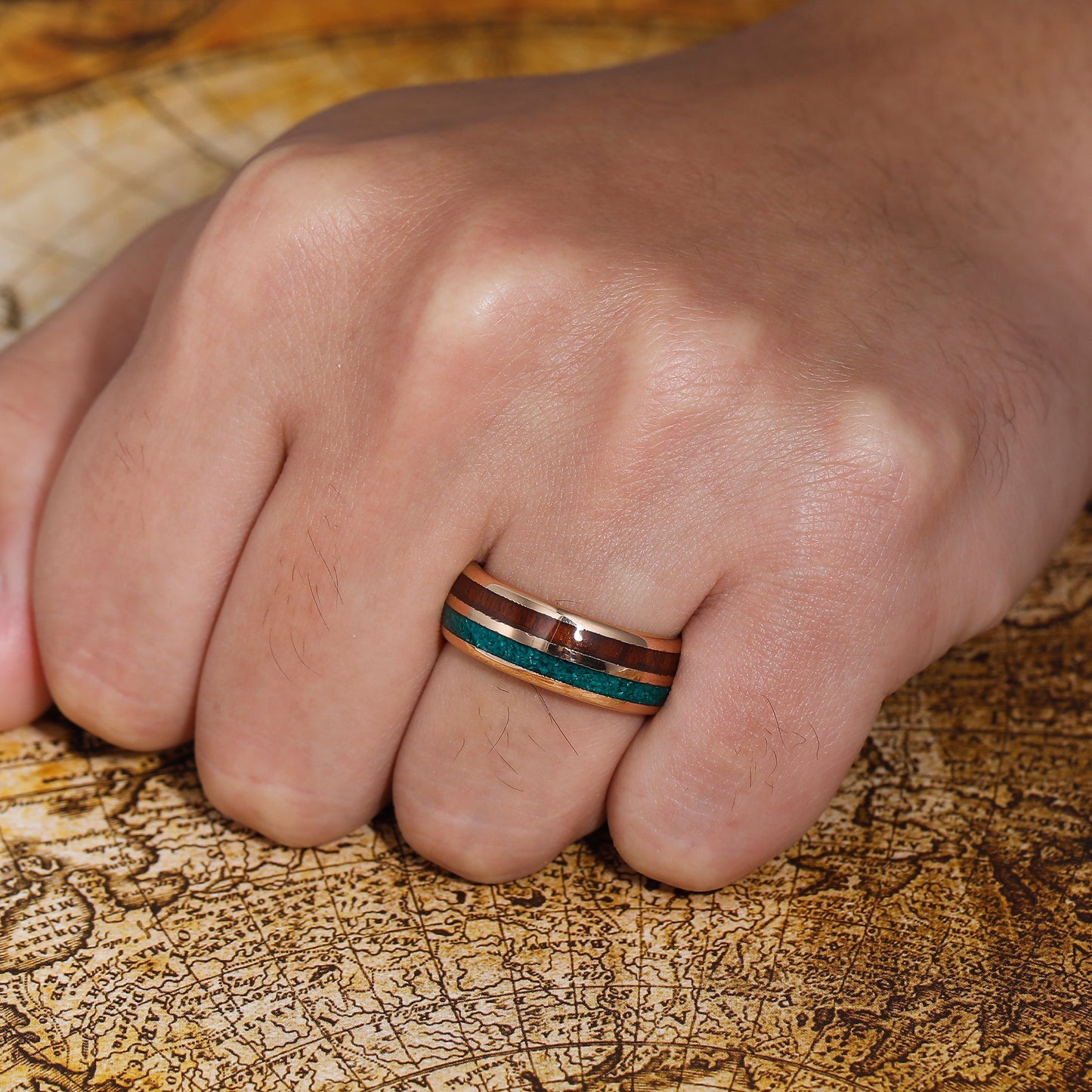 Men's Tungsten Ring with Polished Rose Gold Finish, Wood and Turquoise Inlay - 8mm Unique Wedding Band - anerjuly