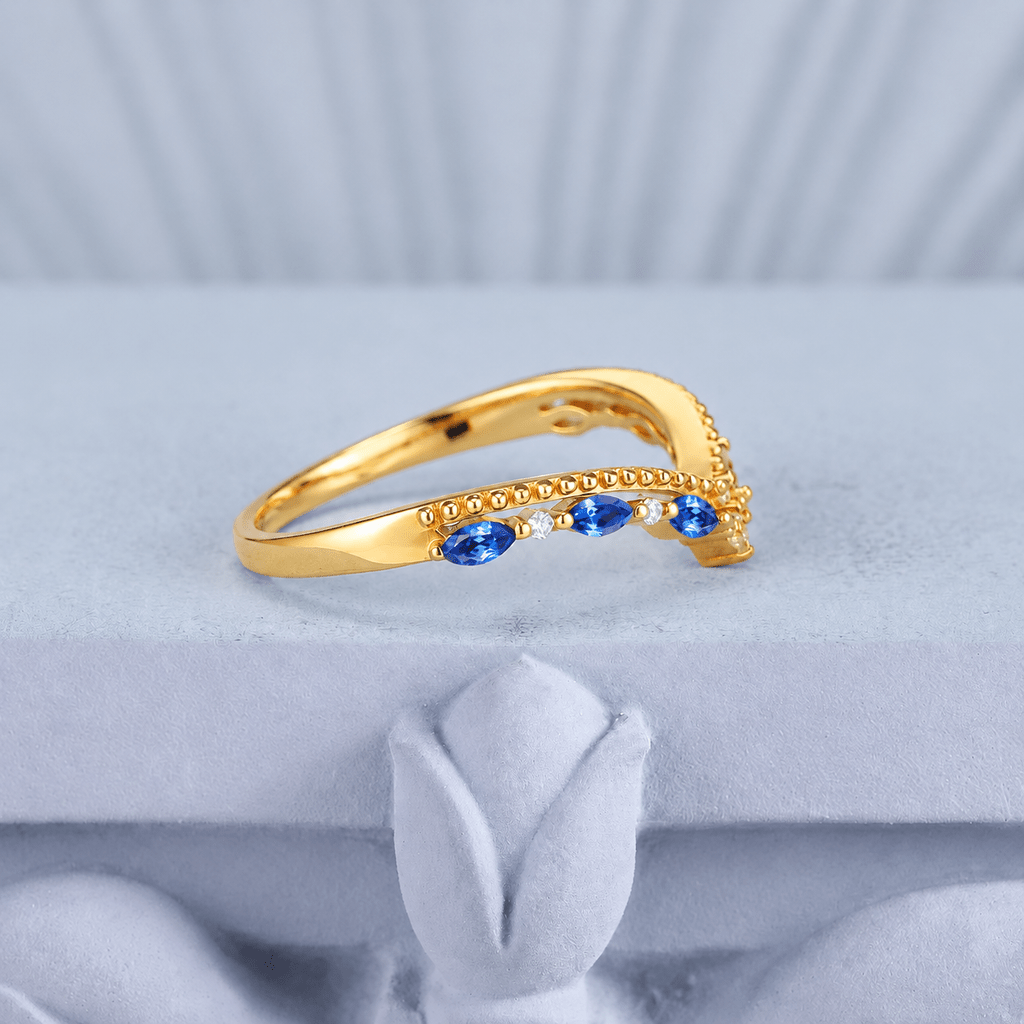 Milgrain Marquise Blue Sapphire Chevron Wedding Band - anerjuly