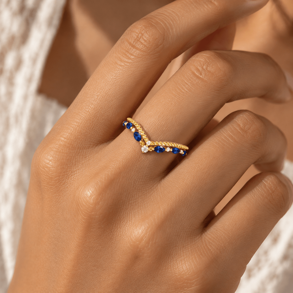 Milgrain Marquise Blue Sapphire Chevron Wedding Band - anerjuly