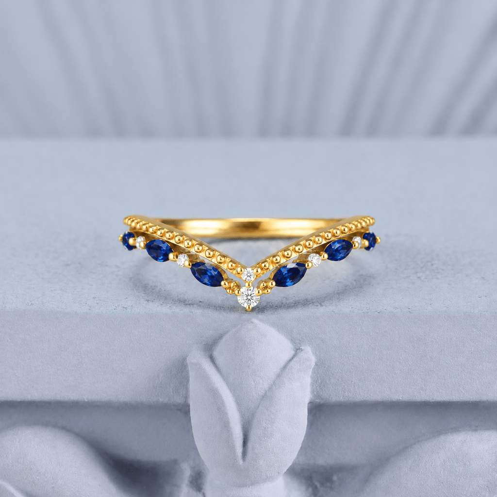 Milgrain Marquise Blue Sapphire Chevron Wedding Band - anerjuly