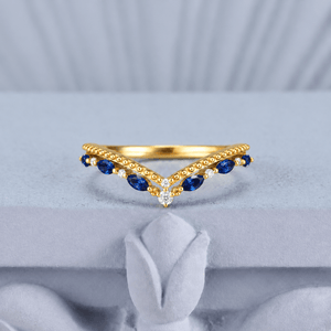Milgrain Marquise Blue Sapphire Chevron Wedding Band - anerjuly