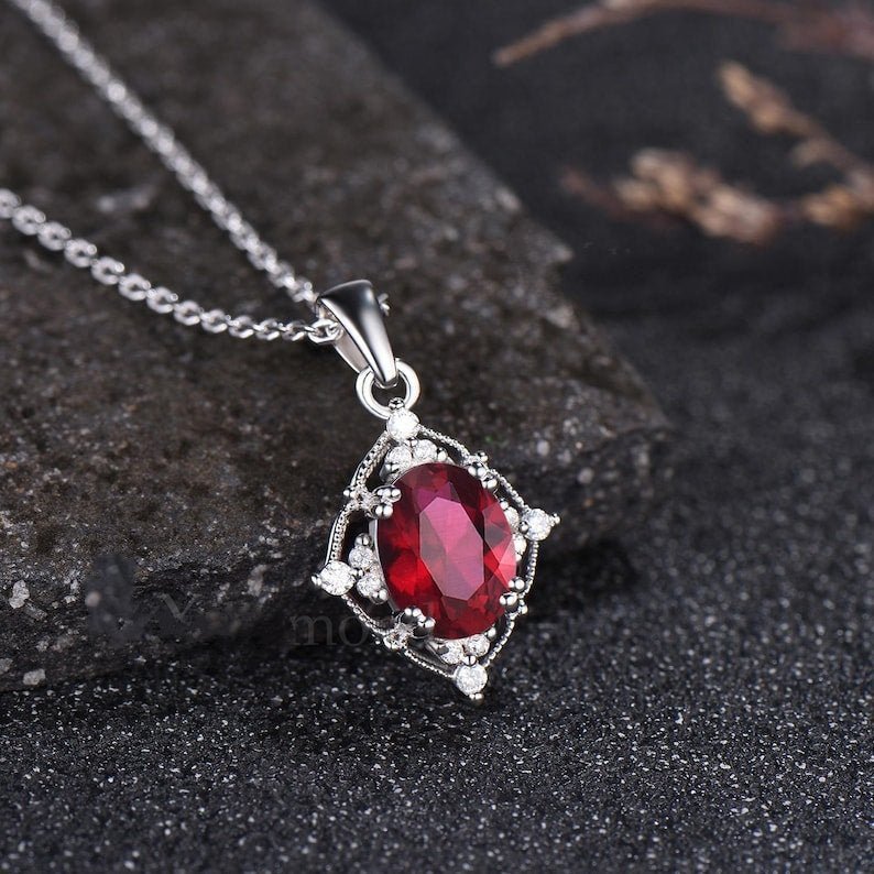 Milgrain Oval Cut Ruby Pendant Vintage Moissanite Pendant Dainty 925 Sterling Silver July Birthstone Red Gemstone Ruby Anniversary Pendant - anerjuly