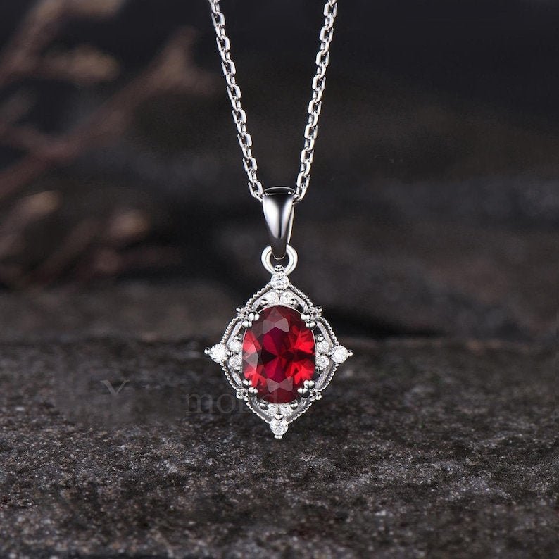 Milgrain Oval Cut Ruby Pendant Vintage Moissanite Pendant Dainty 925 Sterling Silver July Birthstone Red Gemstone Ruby Anniversary Pendant - anerjuly