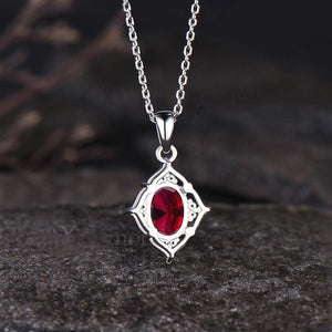 Milgrain Oval Cut Ruby Pendant Vintage Moissanite Pendant Dainty 925 Sterling Silver July Birthstone Red Gemstone Ruby Anniversary Pendant - anerjuly