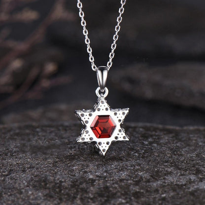 Minimalist Hexagon Cut Natural Garnet Anniversary Pendant Unique White Gold Hexagram Pendant Dainty Moissanite Halo Cluster Pendant - anerjuly