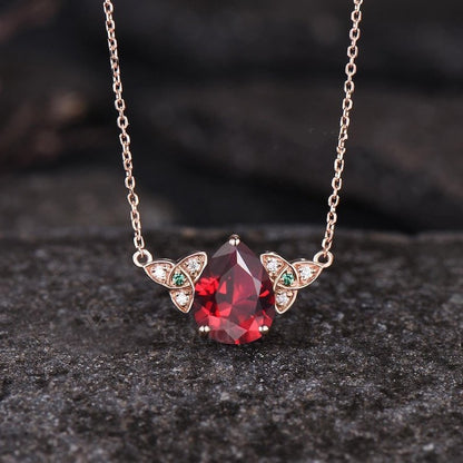 Minimalist Pear Cut Ruby Wedding Pendant Unique Rose Gold Moissanite Emerald Pendant Art Deco July Birthstone Anniversary Pendant - anerjuly