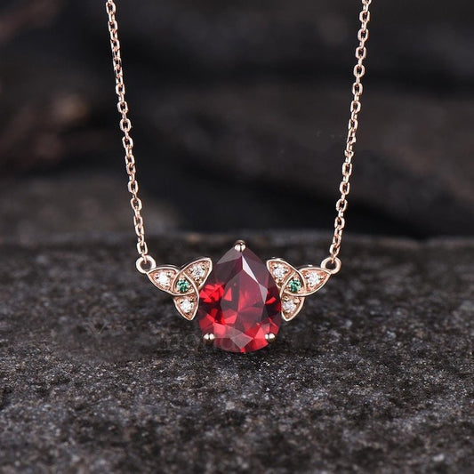 Minimalist Pear Cut Ruby Wedding Pendant Unique Rose Gold Moissanite Emerald Pendant Art Deco July Birthstone Anniversary Pendant - anerjuly