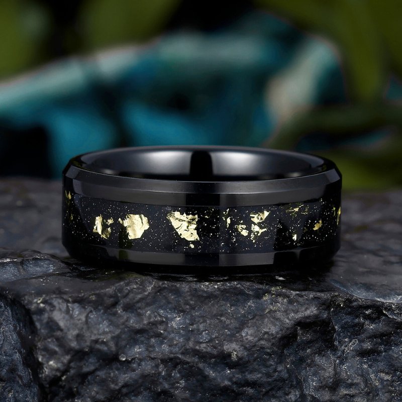 Modern 8mm Black Tungsten Ring with 18K Crushed Gold Leaf - Wedding and Promise Band - anerjuly