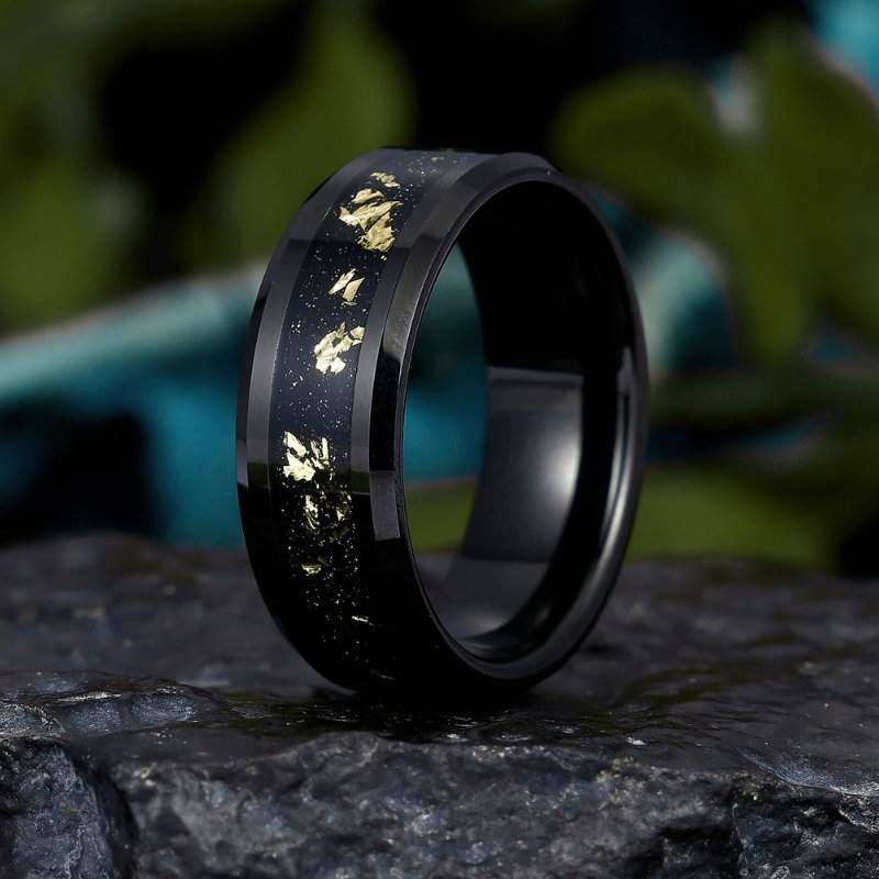 Modern 8mm Black Tungsten Ring with 18K Crushed Gold Leaf - Wedding and Promise Band - anerjuly