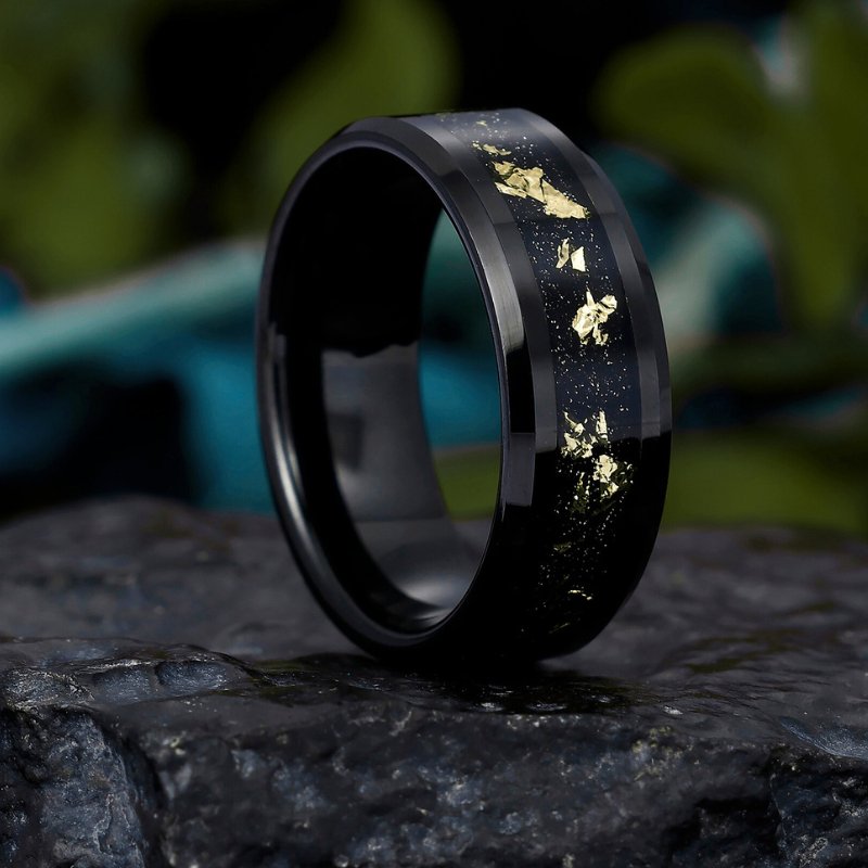 Modern 8mm Black Tungsten Ring with 18K Crushed Gold Leaf - Wedding and Promise Band - anerjuly