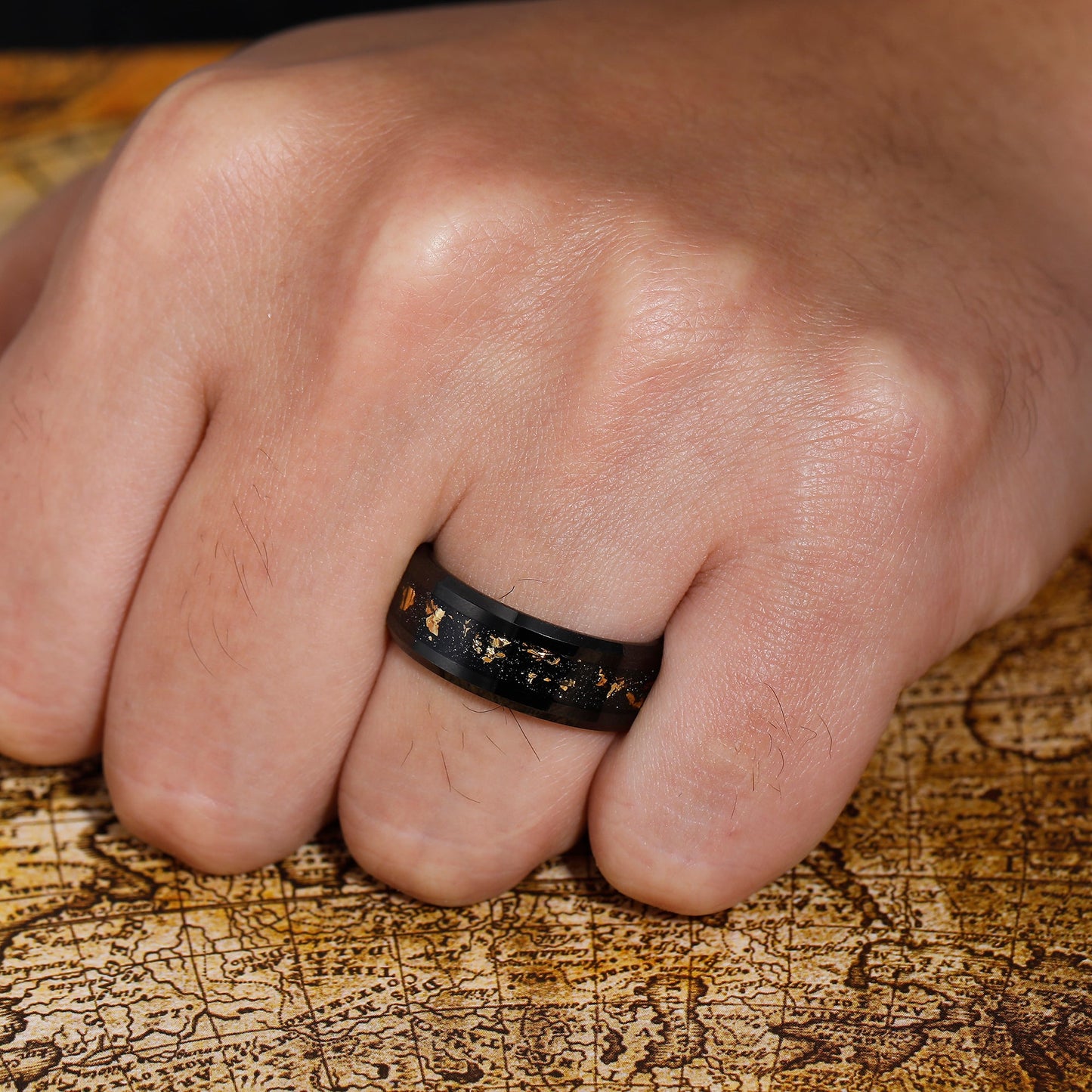 Modern 8mm Black Tungsten Ring with 18K Crushed Gold Leaf - Wedding and Promise Band - anerjuly