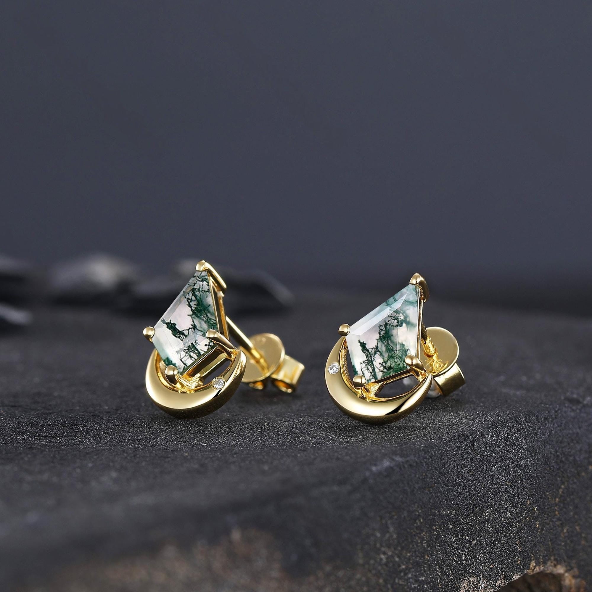 Moss Agate Stud Earrings, Moss Agate Jewelry, Crescent Moon Earrings, Wire Wrapped Gemstone Studs, Celestial Earrings, Lover Girlfriend Gift - anerjuly