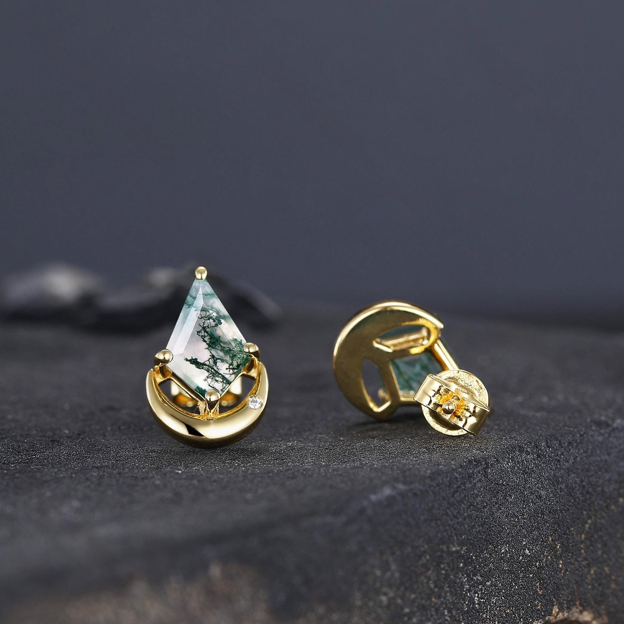 Moss Agate Stud Earrings, Moss Agate Jewelry, Crescent Moon Earrings, Wire Wrapped Gemstone Studs, Celestial Earrings, Lover Girlfriend Gift - anerjuly