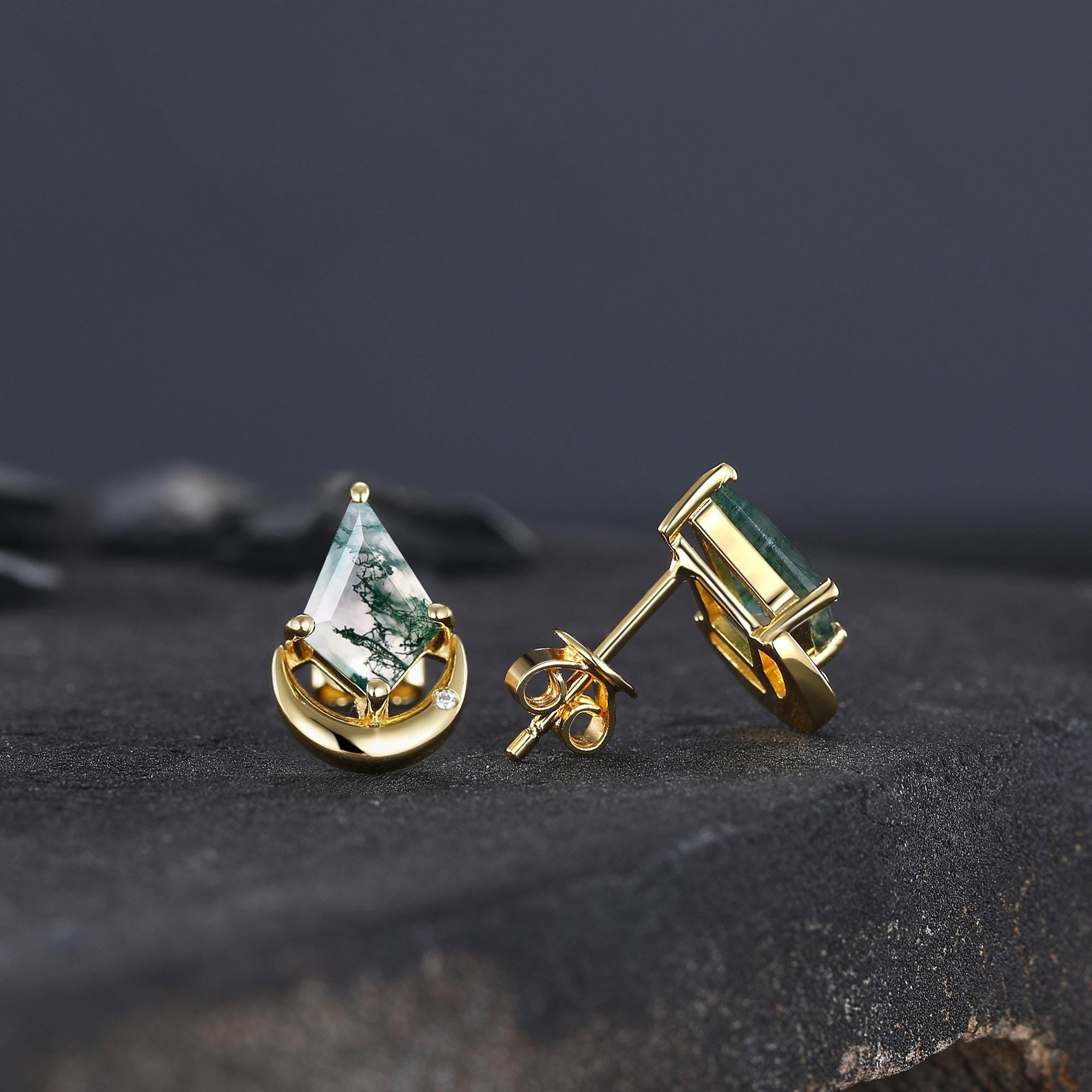Moss Agate Stud Earrings, Moss Agate Jewelry, Crescent Moon Earrings, Wire Wrapped Gemstone Studs, Celestial Earrings, Lover Girlfriend Gift - anerjuly