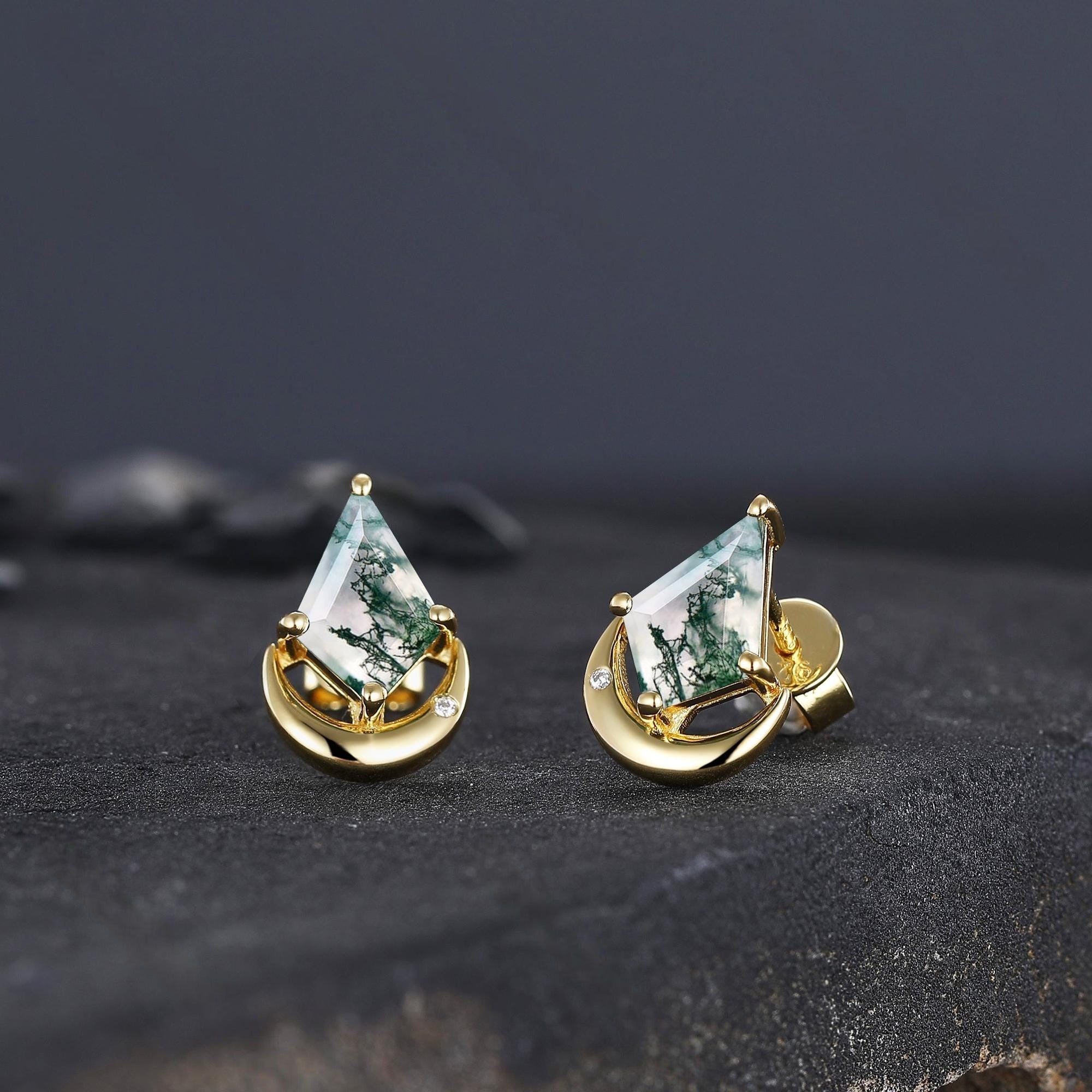 Moss Agate Stud Earrings, Moss Agate Jewelry, Crescent Moon Earrings, Wire Wrapped Gemstone Studs, Celestial Earrings, Lover Girlfriend Gift - anerjuly