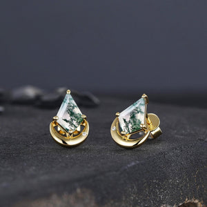Moss Agate Stud Earrings, Moss Agate Jewelry, Crescent Moon Earrings, Wire Wrapped Gemstone Studs, Celestial Earrings, Lover Girlfriend Gift - anerjuly