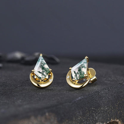 Moss Agate Stud Earrings, Moss Agate Jewelry, Crescent Moon Earrings, Wire Wrapped Gemstone Studs, Celestial Earrings, Lover Girlfriend Gift - anerjuly