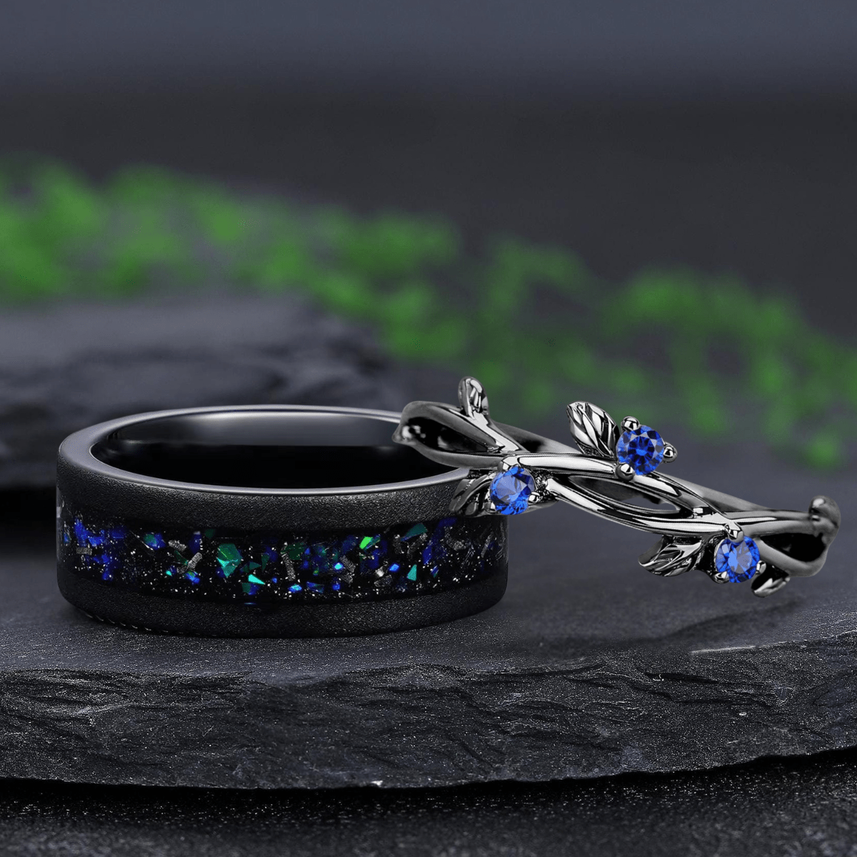 Natural Inspired Leaf Black Tungsten Meteorite Opal Men's Band Nature Vine Blue Couples Rings - anerjuly