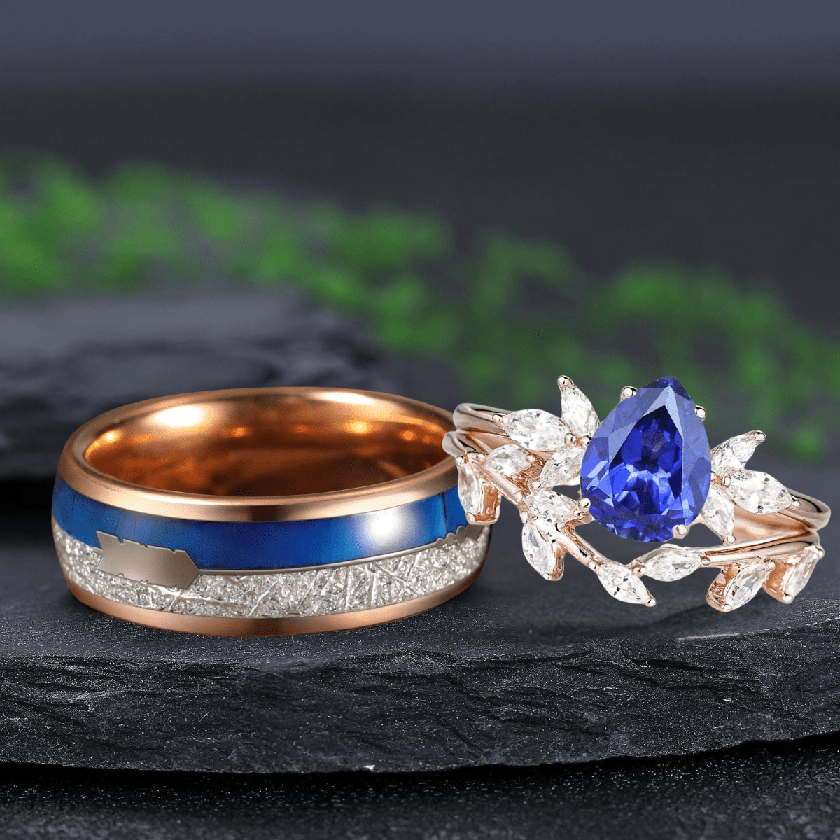 Natural Inspired Leaf sapphire Tungsten Men's Band Nature Vine Blue Couples Rings - anerjuly