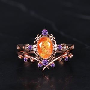 Natural Oval Cut Sunstone Engagement Ring Set Vintage Leaf Wedding Stackable ring Art Deco Women Bridal Set Twig Promise Ring - anerjuly