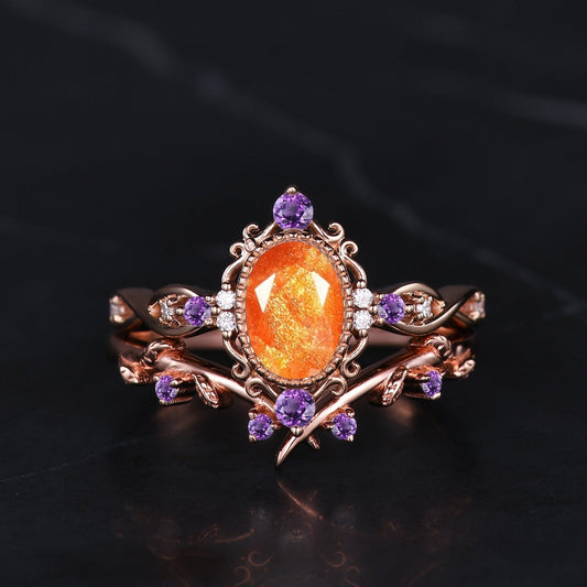 Natural Oval Cut Sunstone Engagement Ring Set Vintage Leaf Wedding Stackable ring Art Deco Women Bridal Set Twig Promise Ring - anerjuly