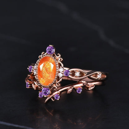 Natural Oval Cut Sunstone Engagement Ring Set Vintage Leaf Wedding Stackable ring Art Deco Women Bridal Set Twig Promise Ring - anerjuly