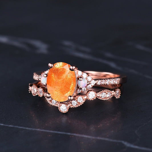 Natural Oval Cut Sunstone Engagement Ring Set Wedding Ring Set Orange Gemstone Bridal Promise Ring Anniversary Gift - anerjuly