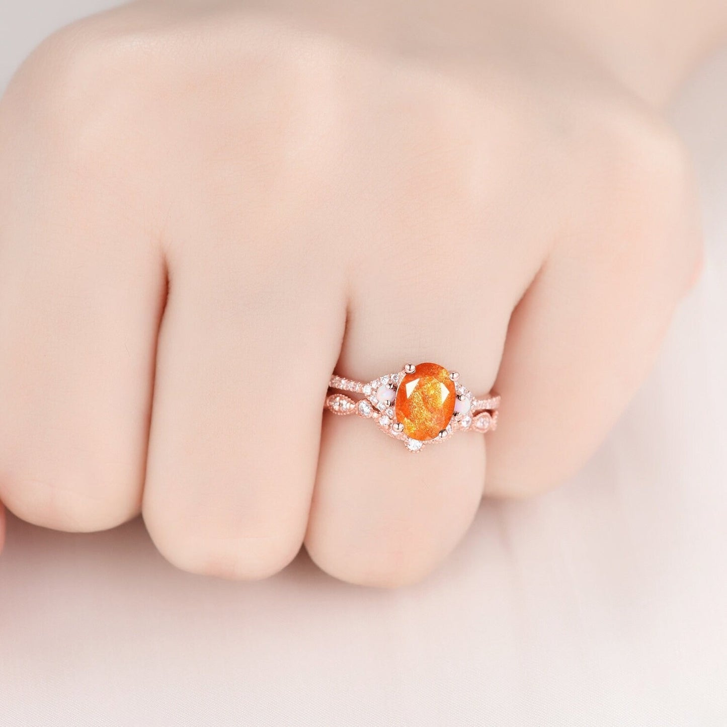 Natural Oval Cut Sunstone Engagement Ring Set Wedding Ring Set Orange Gemstone Bridal Promise Ring Anniversary Gift - anerjuly