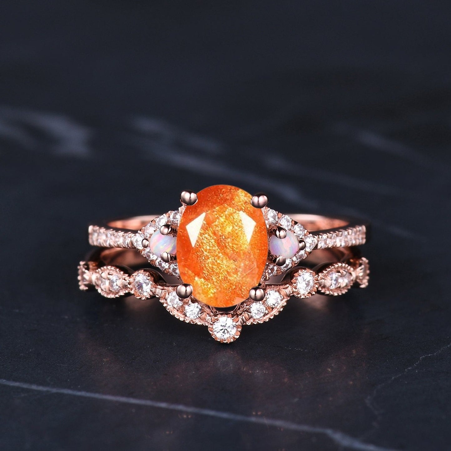 Natural Oval Cut Sunstone Engagement Ring Set Wedding Ring Set Orange Gemstone Bridal Promise Ring Anniversary Gift - anerjuly