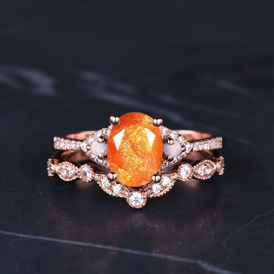 Natural Oval Cut Sunstone Engagement Ring Set Wedding Ring Set Orange Gemstone Bridal Promise Ring Anniversary Gift - anerjuly