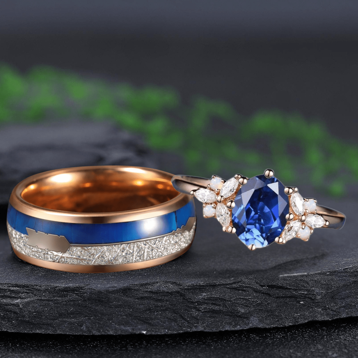 Natural Oval Shaped Inspired Leaf sapphire Tungsten Men's Band Nature Blue Couples Rings - anerjuly