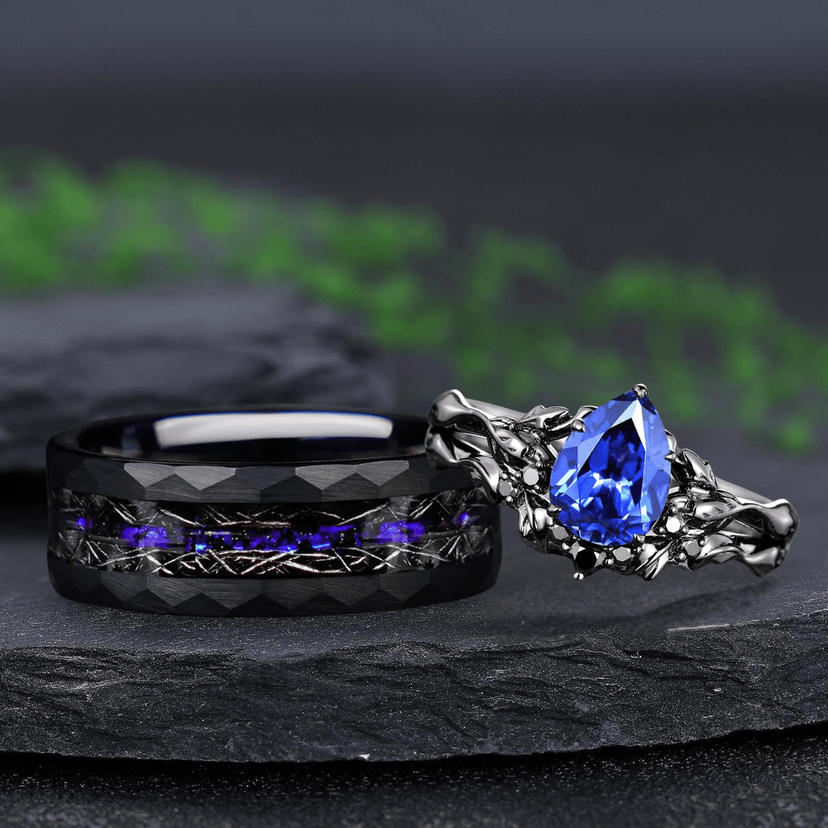Natural Pear cut Inspired Leaf sapphire Tungsten Men's Band Nature Vine Blue Couples Rings - anerjuly