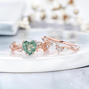 Nature Heart Moss Agate Unique Couple Ring His and Her Matching Wedding Band - anerjuly
